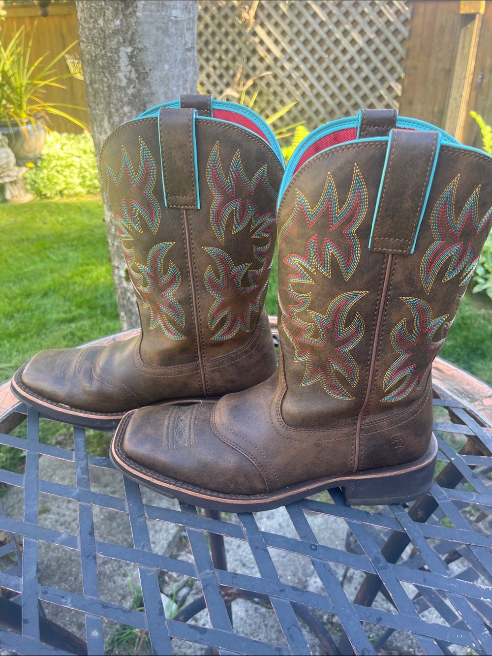 Ariat Brown Leather Western Heeled Boots with Turquoise Trim and Red Accents